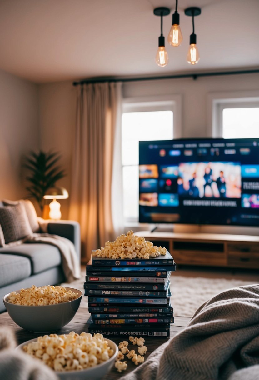 A cozy living room with a big screen and a stack of DVDs. Popcorn, blankets, and cozy lighting create a perfect movie marathon setting