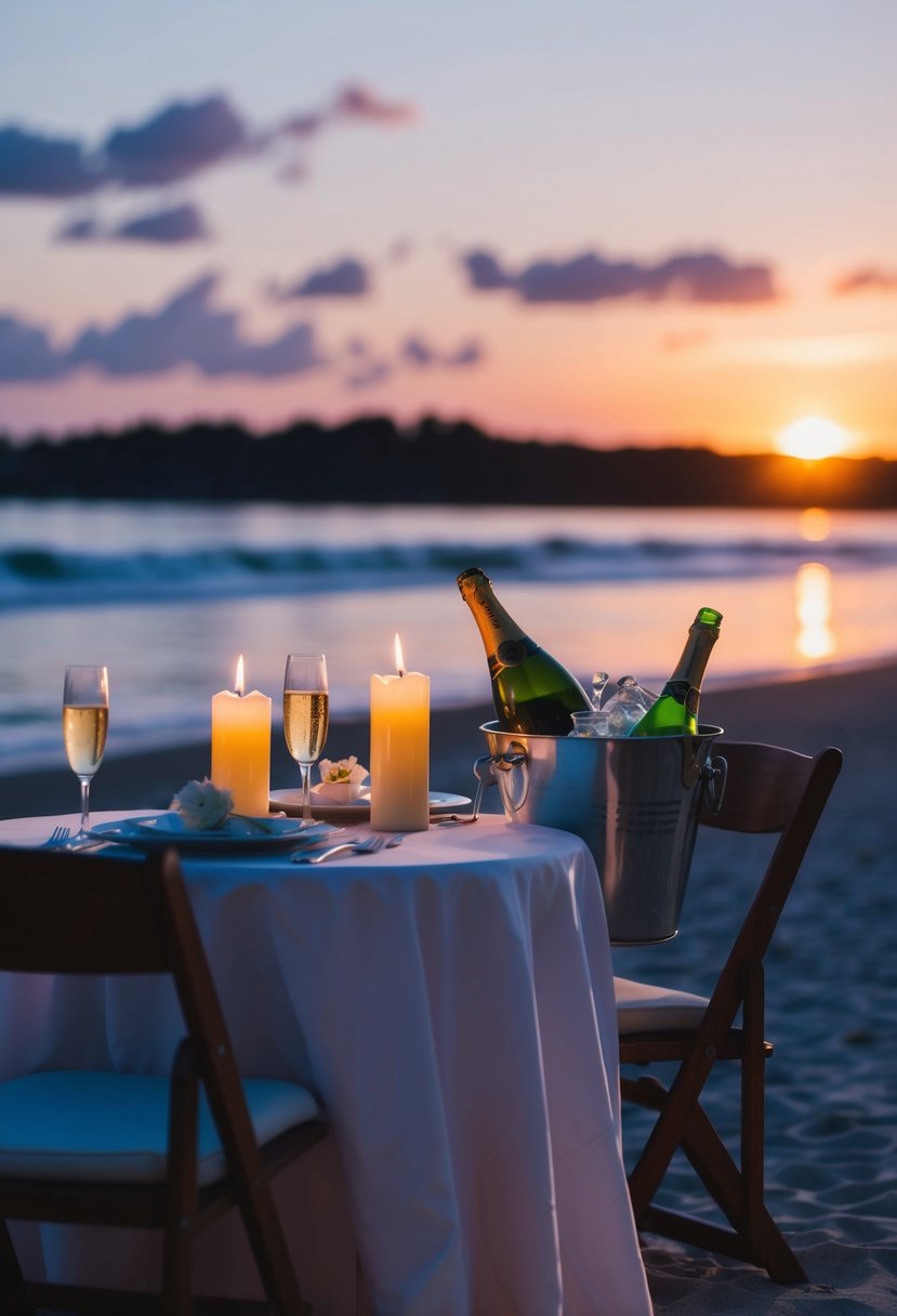 A candlelit dinner on a beach at sunset, with a table set for two and a bottle of champagne chilling in a bucket