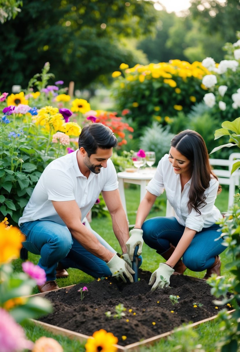 A couple planting a garden together, surrounded by colorful flowers and lush greenery, with a small table set up nearby for a romantic anniversary celebration