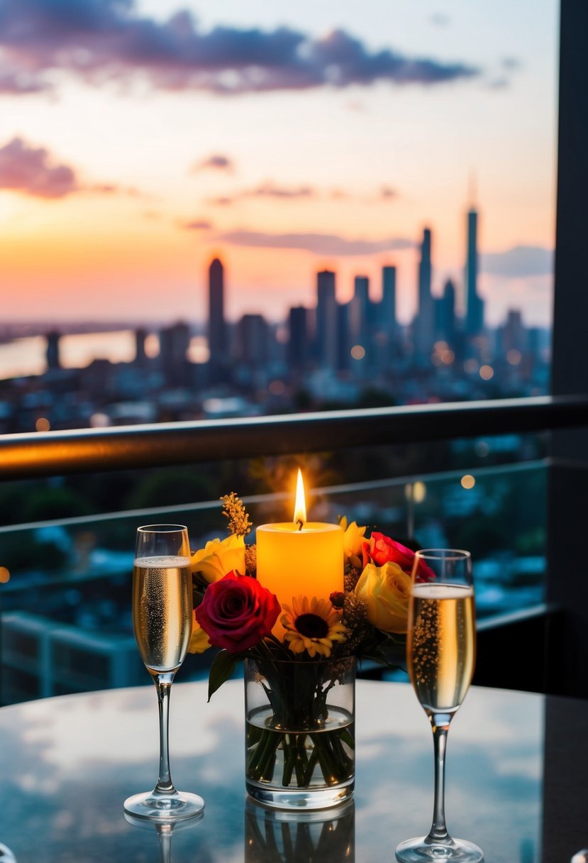 A candlelit table with flowers and champagne overlooks a city skyline at sunset