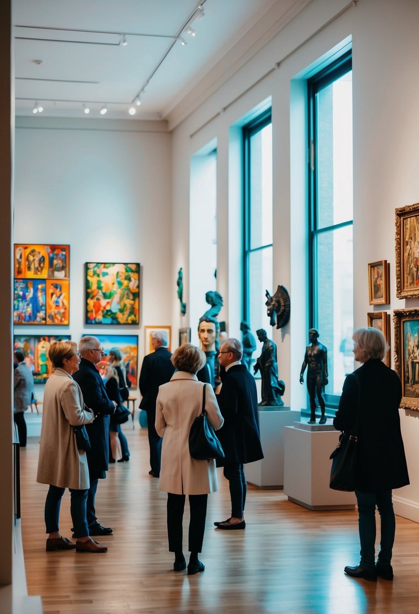 A museum with diverse art collections and sculptures, visitors admiring the exhibits, colorful paintings on the walls, and natural lighting streaming through the windows