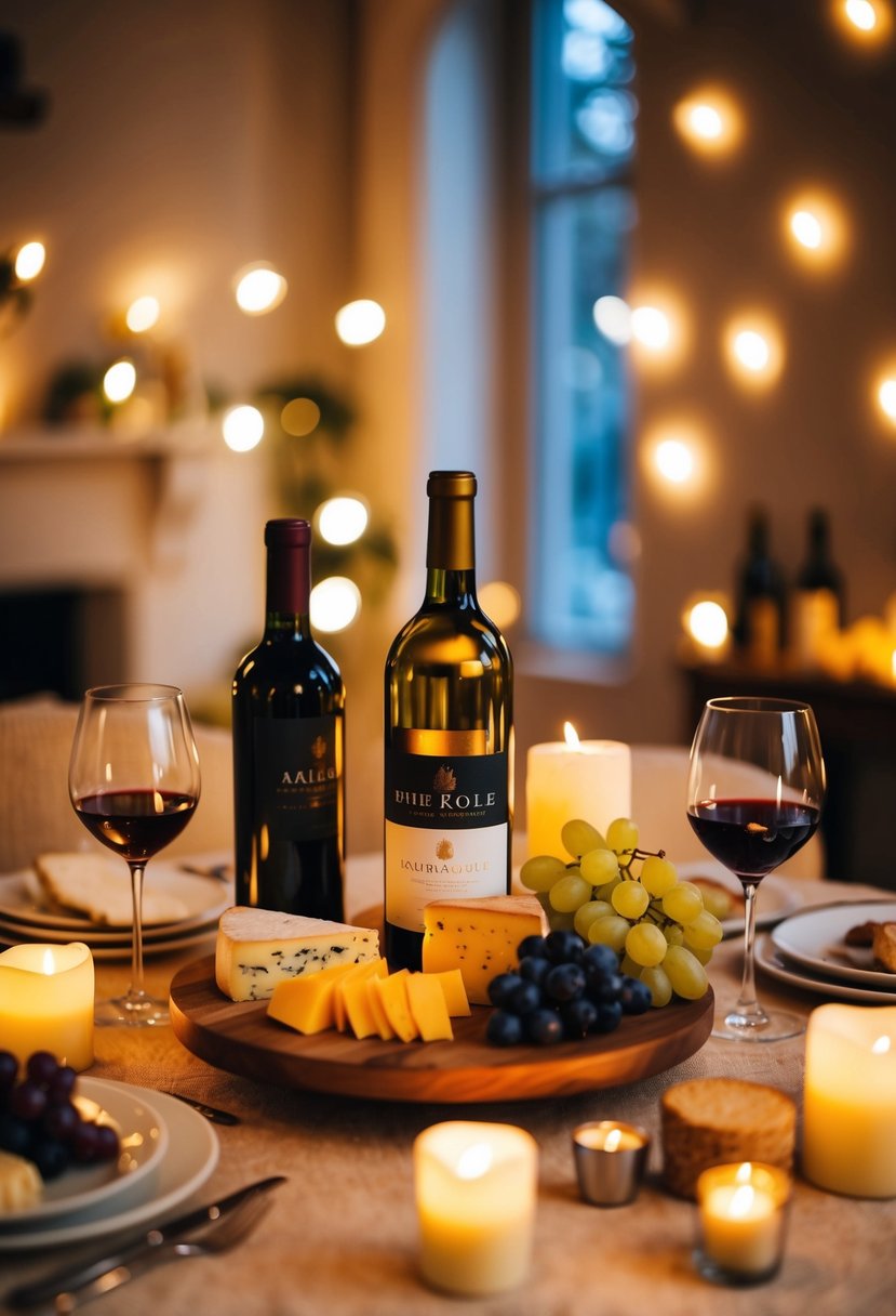 A cozy table set with a variety of cheeses, grapes, and a bottle of wine, surrounded by soft candlelight and romantic ambiance