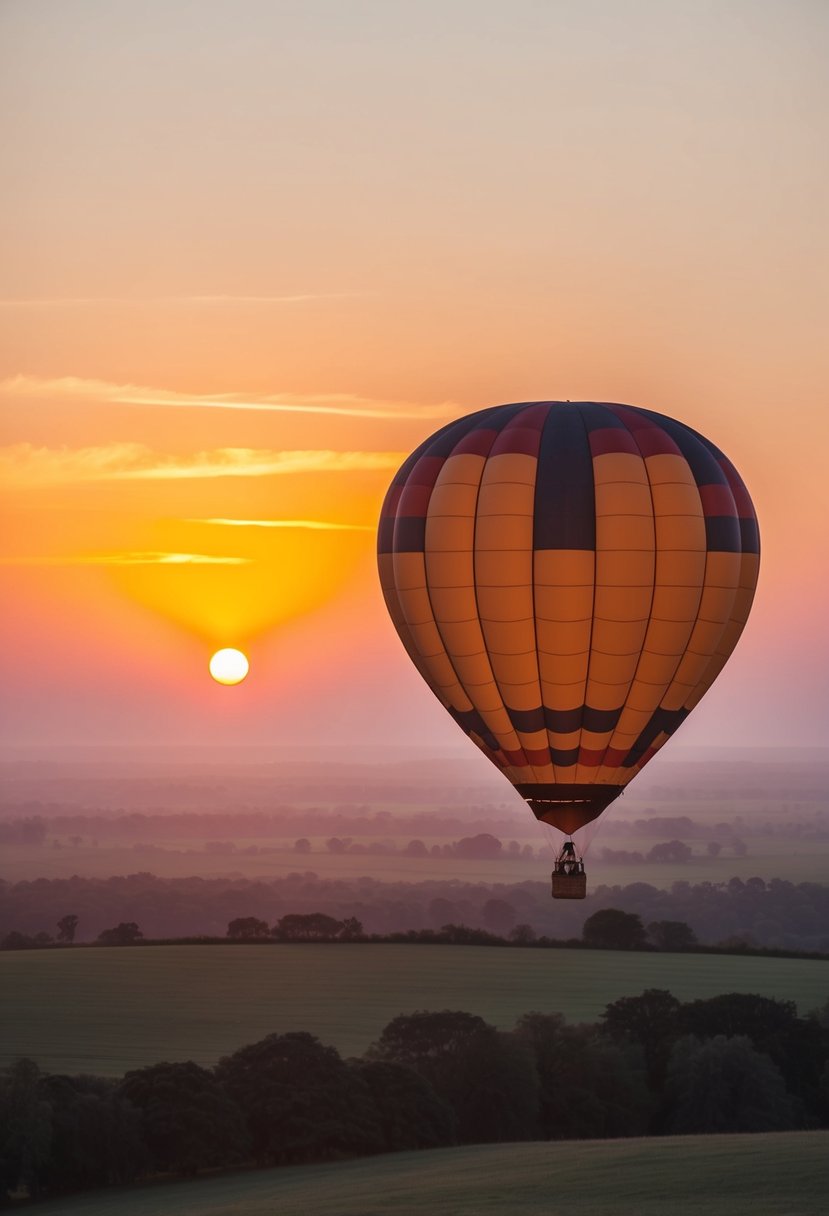 A hot air balloon floats peacefully over a serene landscape as the sun sets in the distance, casting a warm, golden glow over the horizon