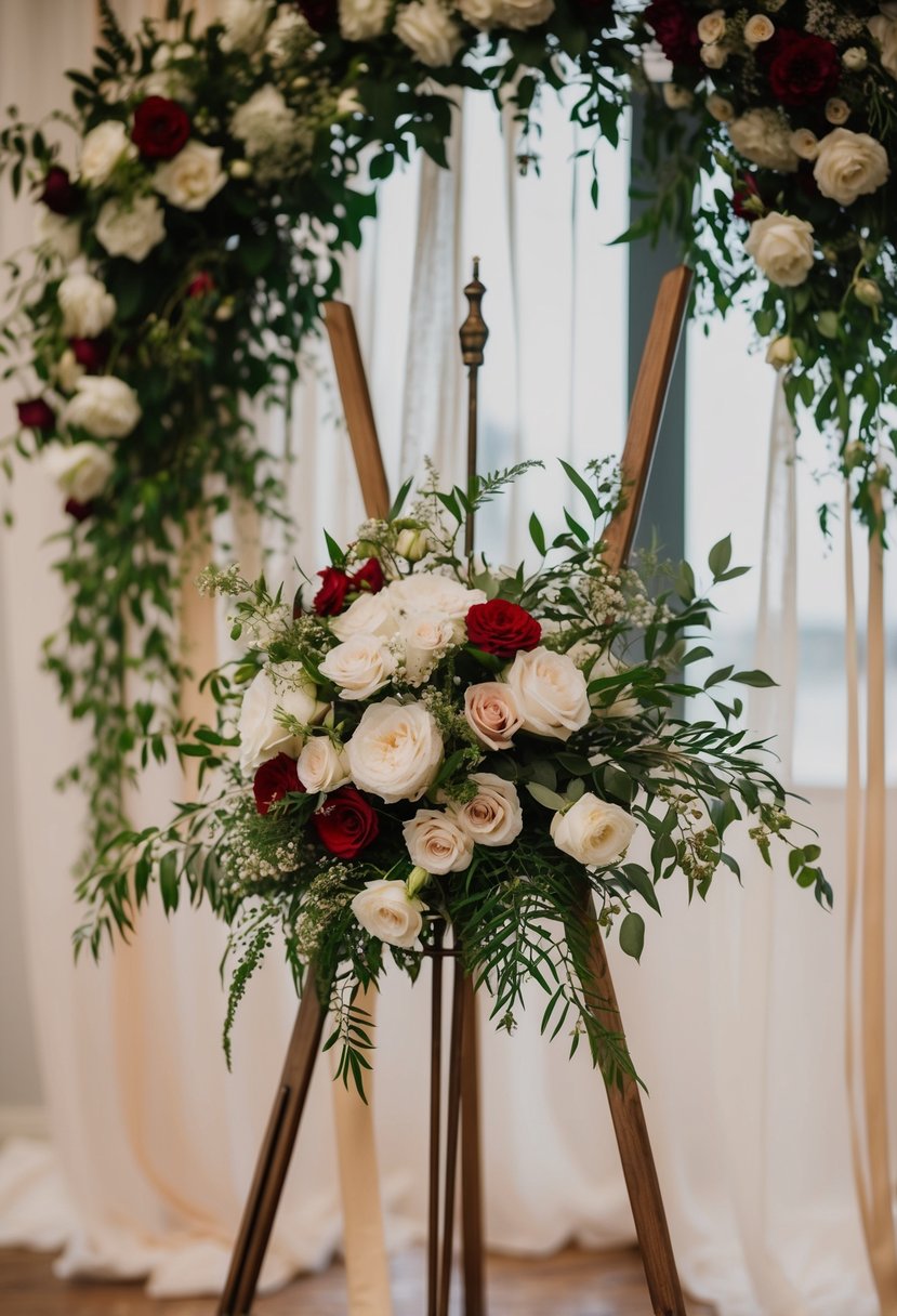 A decorative wedding easel with floral arrangements and a romantic backdrop