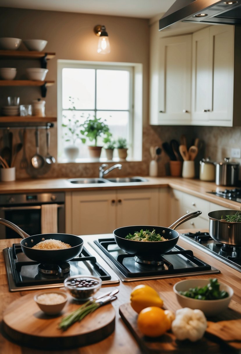 A cozy kitchen with two sets of cooking utensils, fresh ingredients, and a romantic ambiance