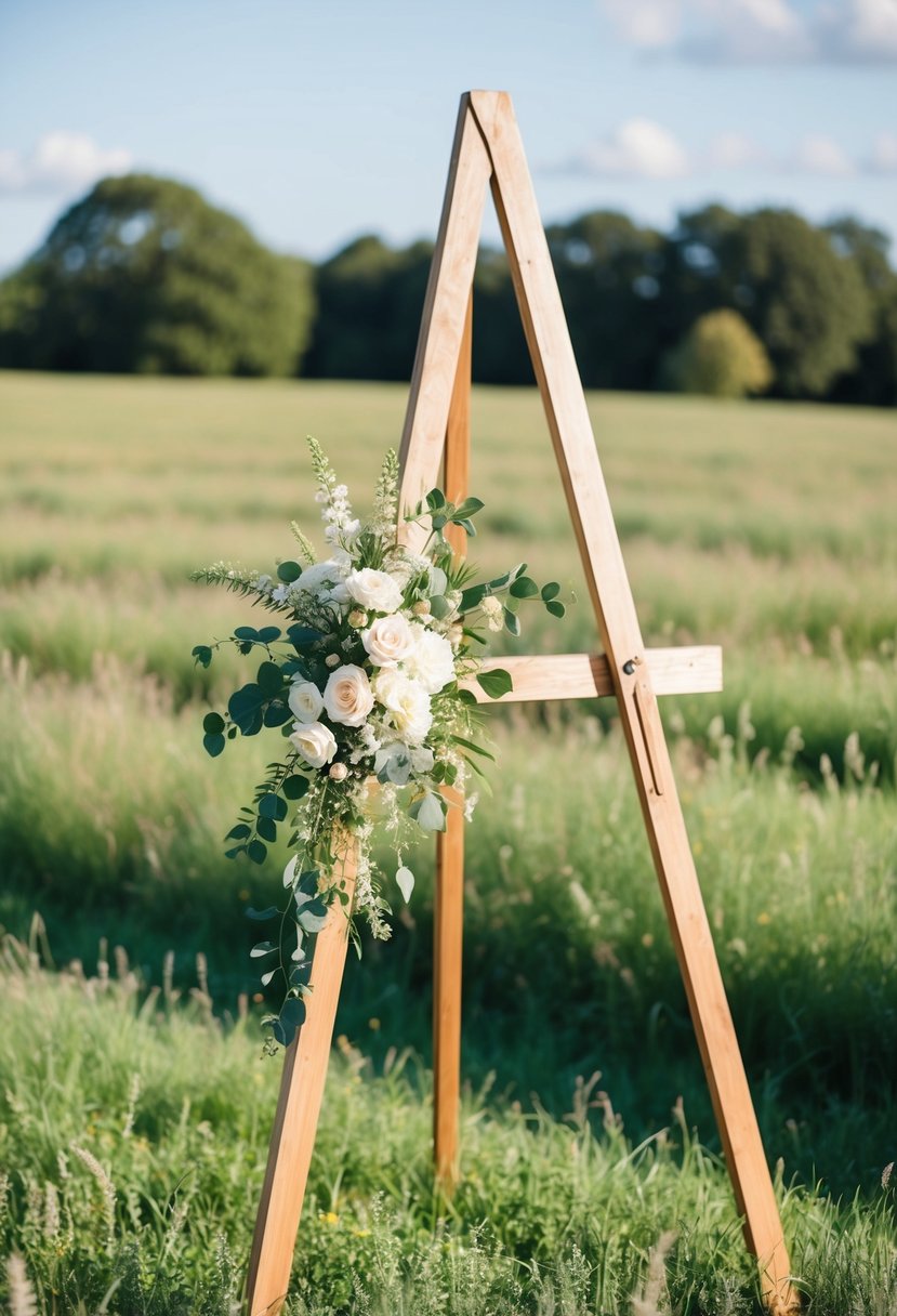 A rustic A-frame wooden easel stands in a sunlit field, adorned with delicate florals and greenery, ready for a wedding celebration