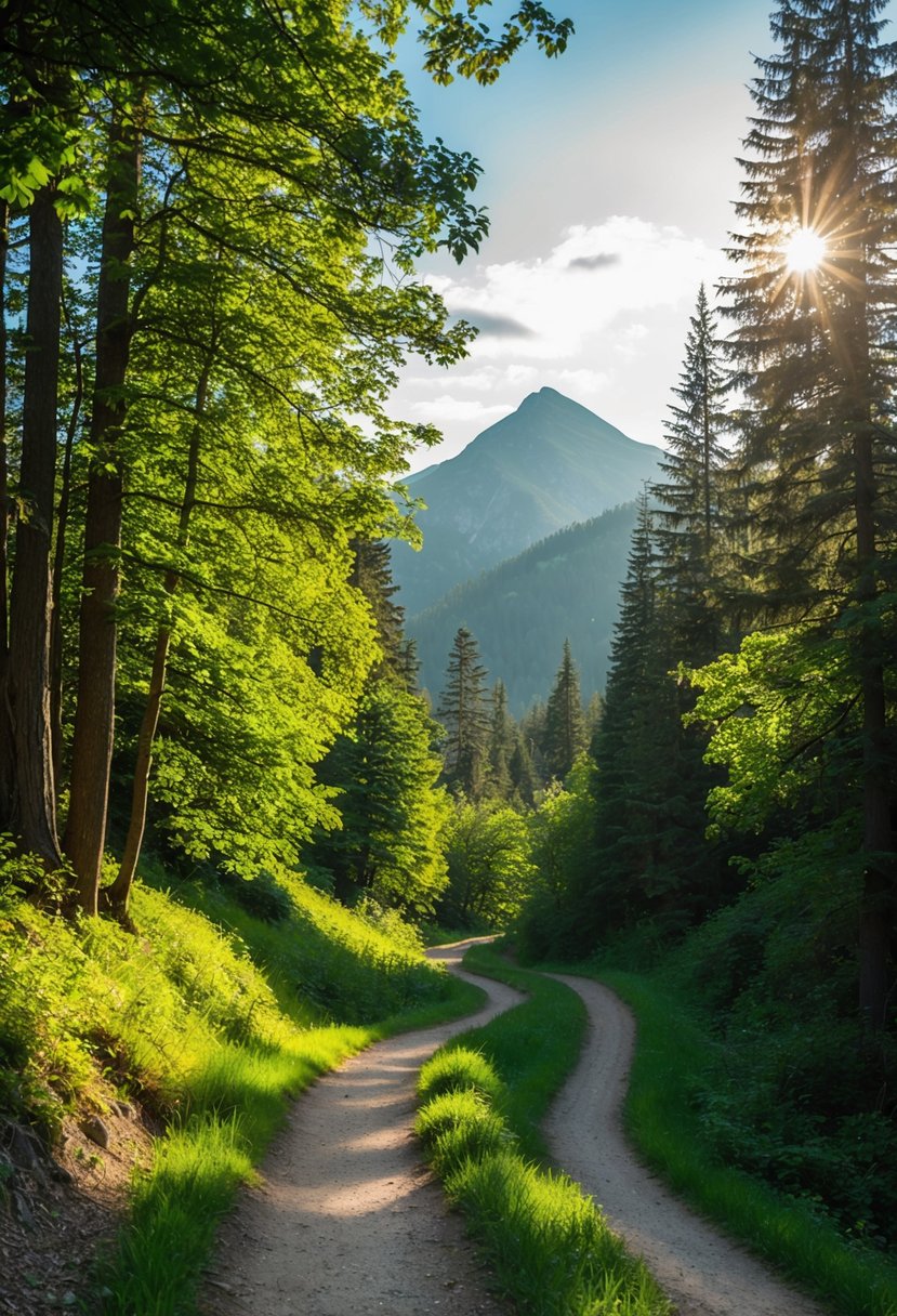 A winding trail through a lush forest, with sunlight filtering through the trees and a picturesque mountain in the distance