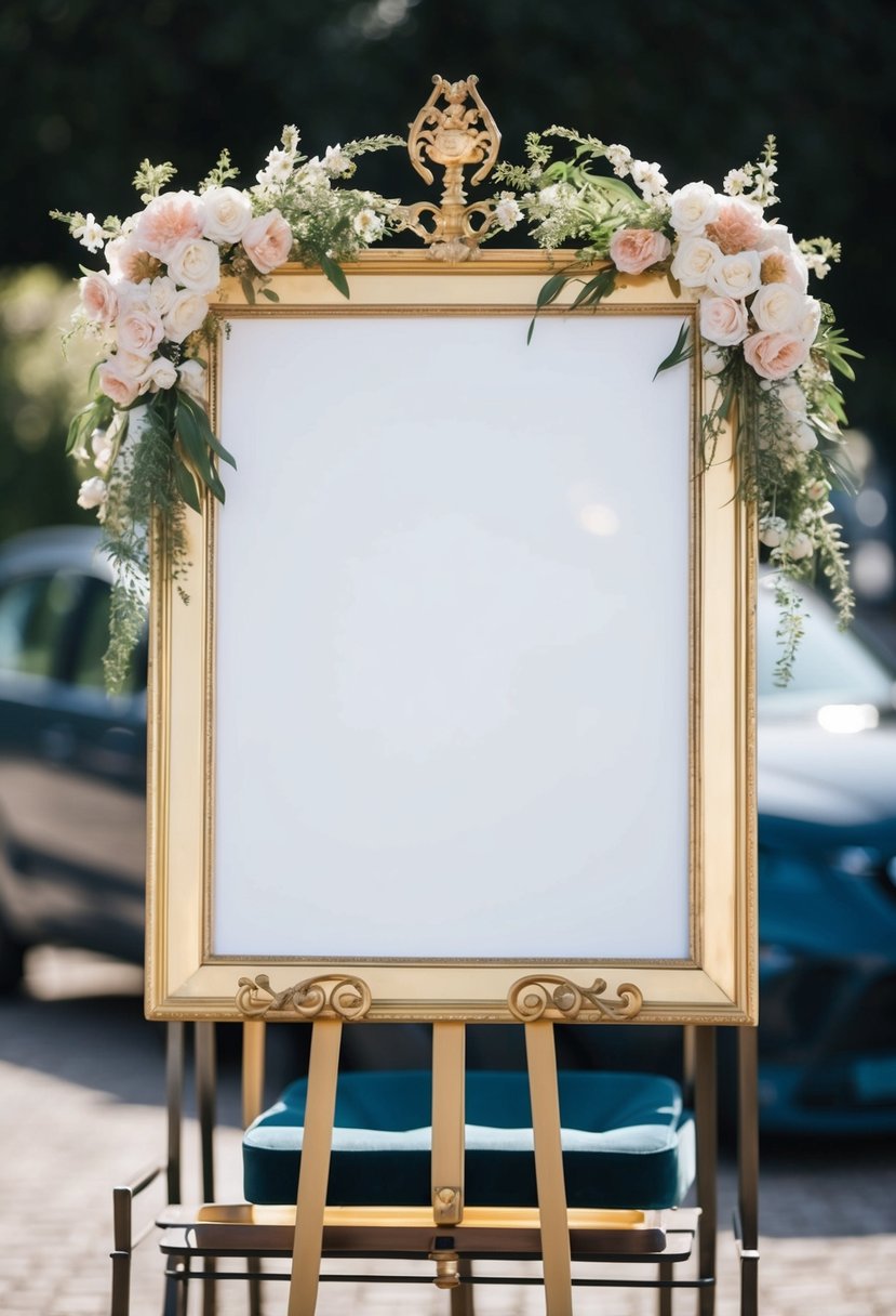 An elegant gold frame easel adorned with floral accents