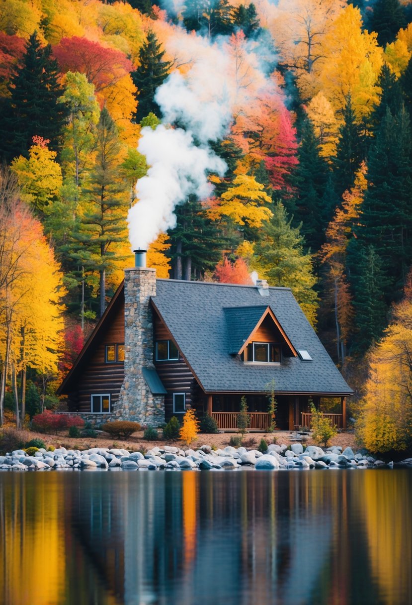 A cozy cabin nestled in the woods, smoke rising from the chimney, surrounded by colorful autumn foliage and a serene lake nearby