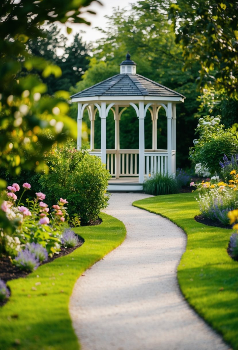 A secluded garden with a winding path and blooming flowers, leading to a quiet gazebo surrounded by lush greenery