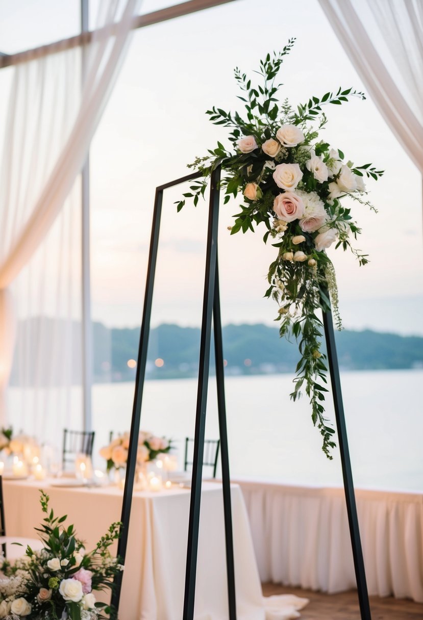 A chic black metal easel stands adorned with wedding decor and flowers, set against a romantic backdrop