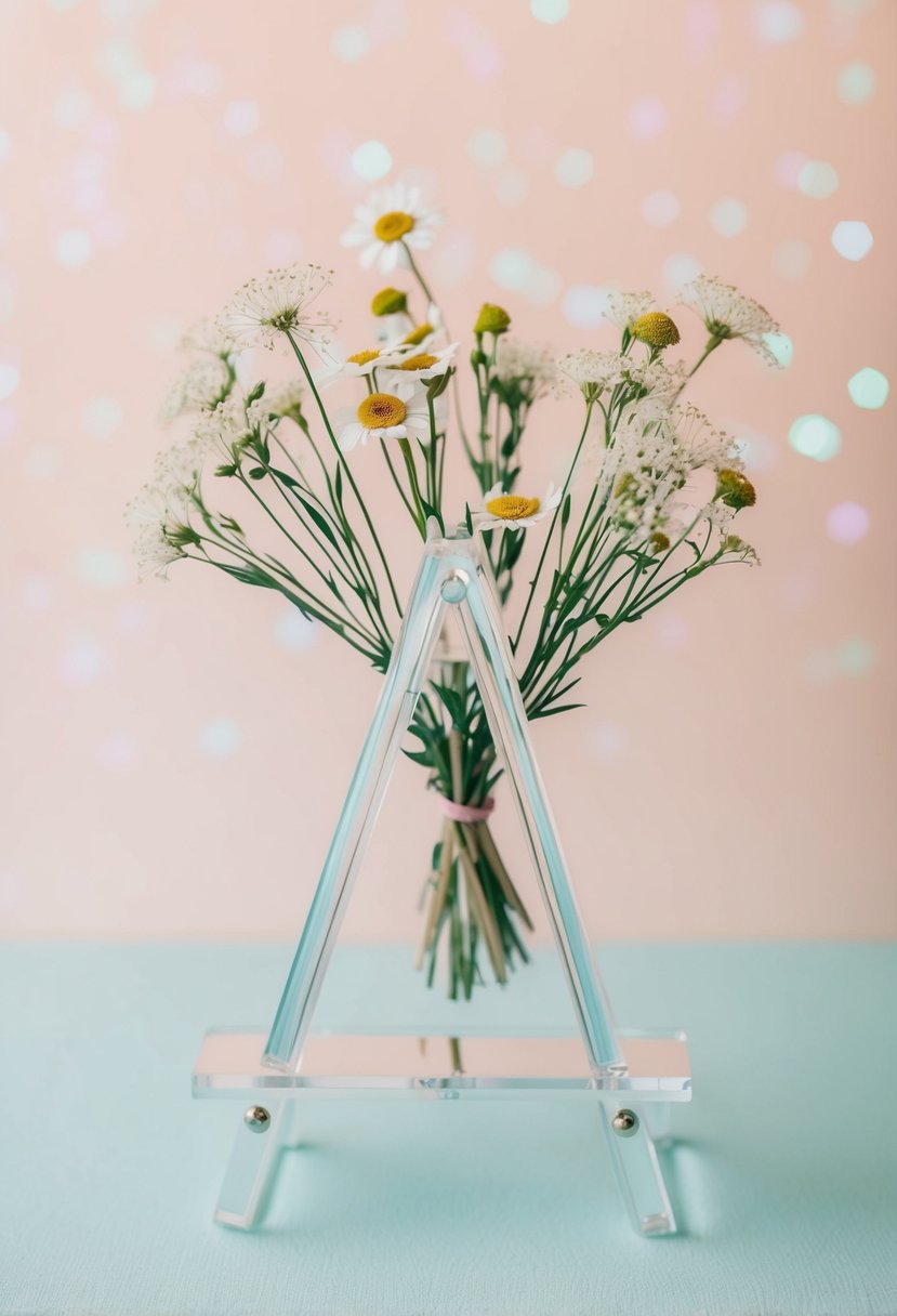 A lucite easel adorned with delicate pressed flowers, set against a soft pastel backdrop