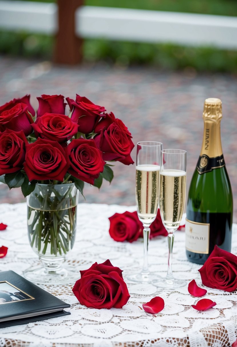 A table set with a white lace tablecloth, adorned with a vase of red roses, a bottle of champagne, and two crystal champagne flutes. A photo album and scattered rose petals complete the scene