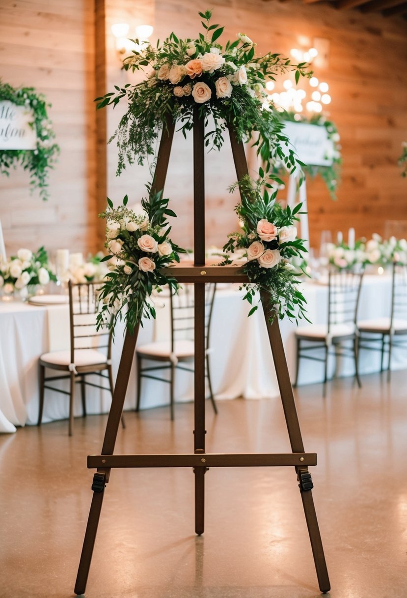 An adjustable tripod easel stands adorned with floral arrangements and decorative signage for a wedding celebration