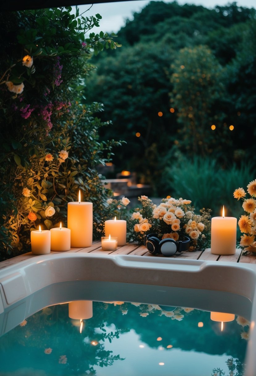 A tranquil spa with a hot tub, candles, and soft music, surrounded by lush greenery and flowers