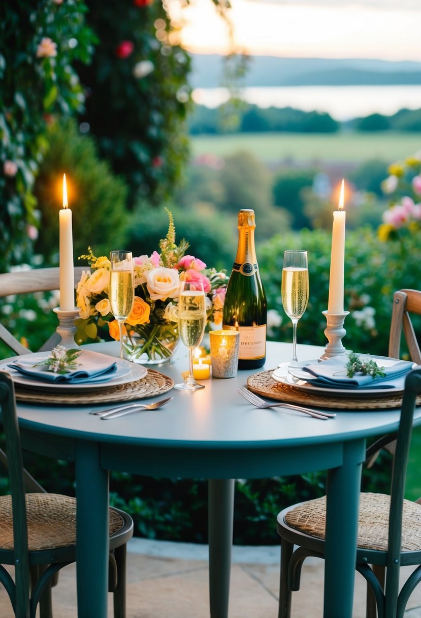 A cozy table set for two with candles, flowers, and champagne, surrounded by a beautiful garden or scenic view