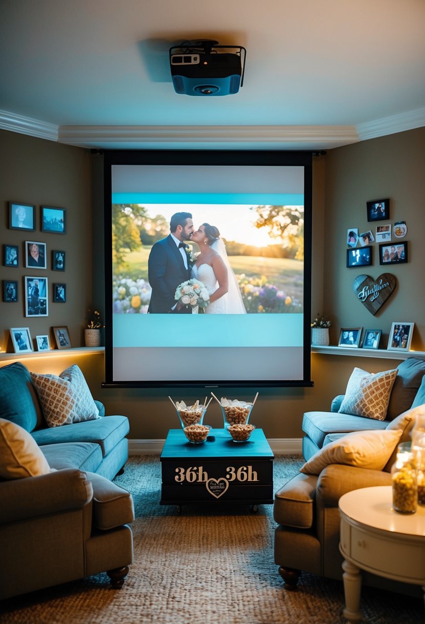 A cozy living room with a projector screen and movie snacks, decorated with wedding photos and 36th anniversary memorabilia