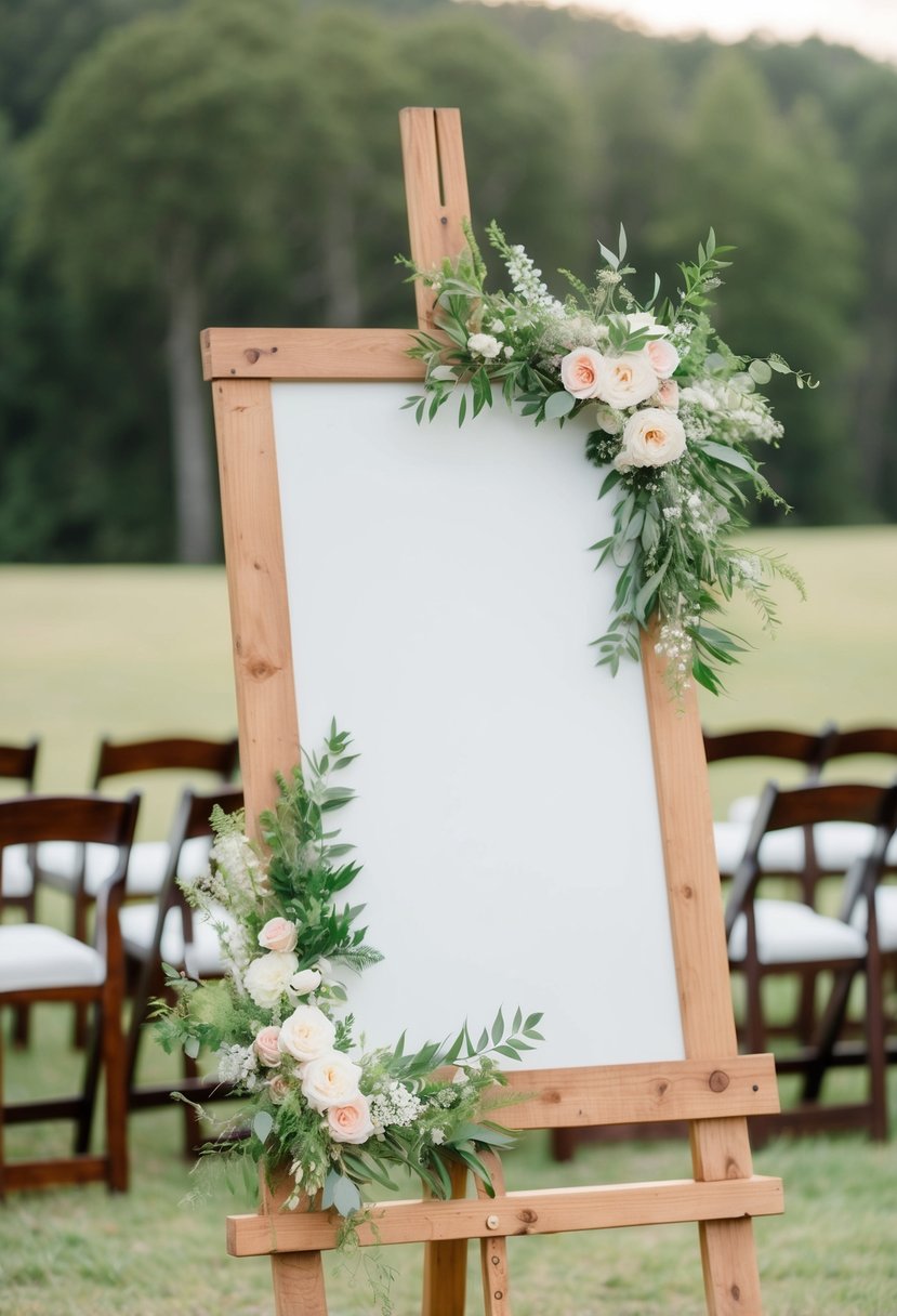 A rustic pine easel adorned with delicate floral decorations for a wedding celebration