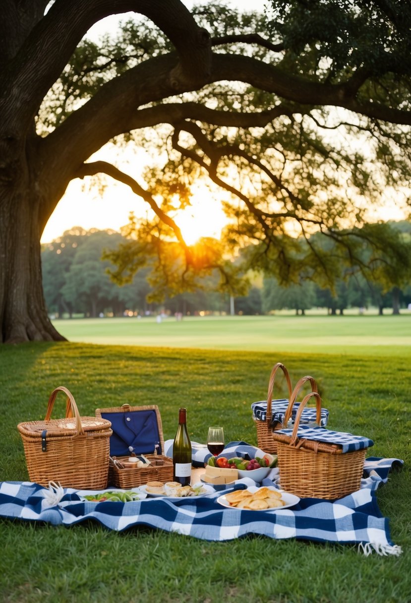 A cozy picnic blanket spread out under a sprawling tree, surrounded by baskets of food and wine, as the sun sets over the tranquil park