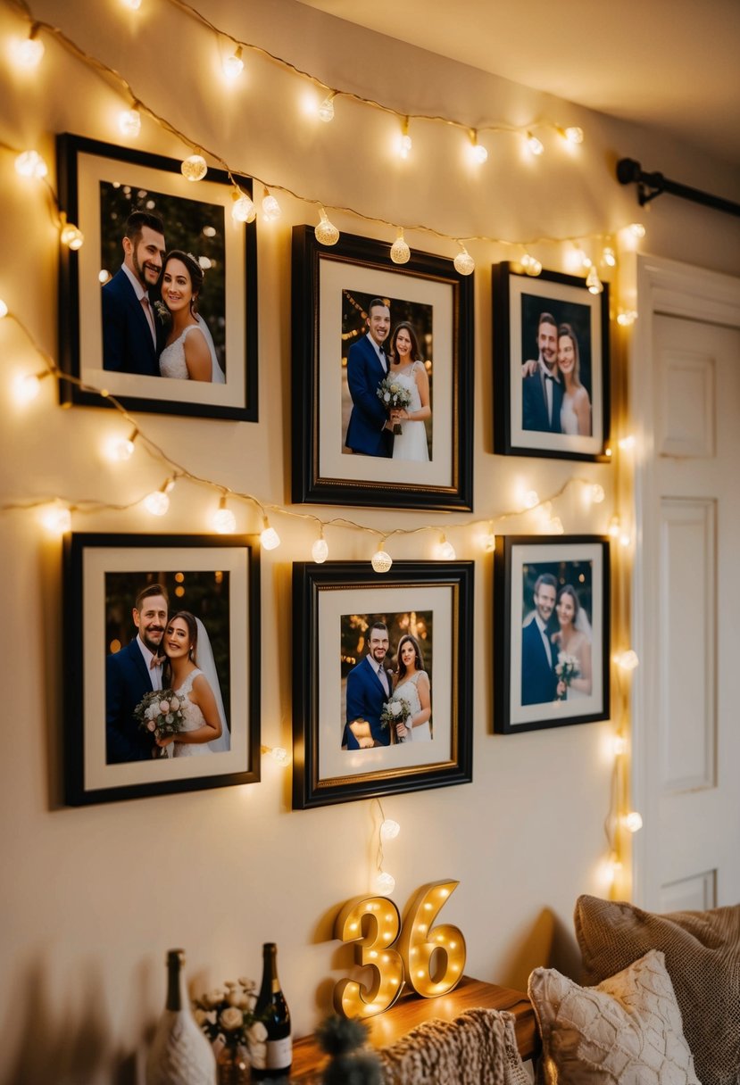 A cozy room adorned with framed couple photos and twinkling fairy lights, celebrating 36 years of marriage