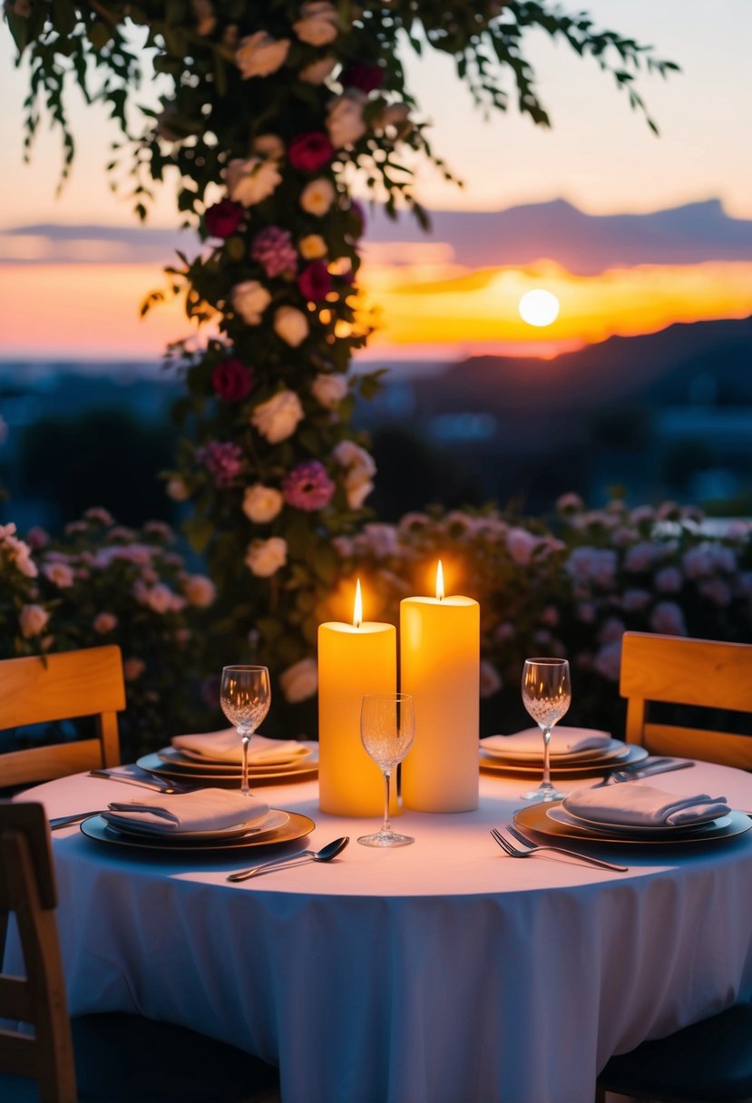 A candlelit dinner table with two chairs, surrounded by blooming flowers and a picturesque sunset in the background