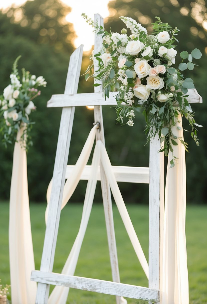 A whitewashed wedding easel adorned with floral arrangements and draped with flowing fabric