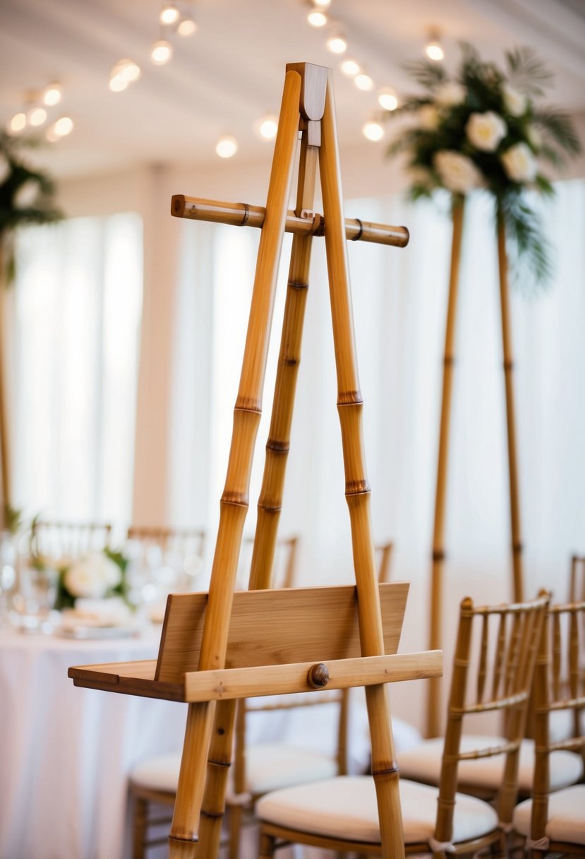 A bamboo easel with a built-in shelf stands in an elegant wedding setting