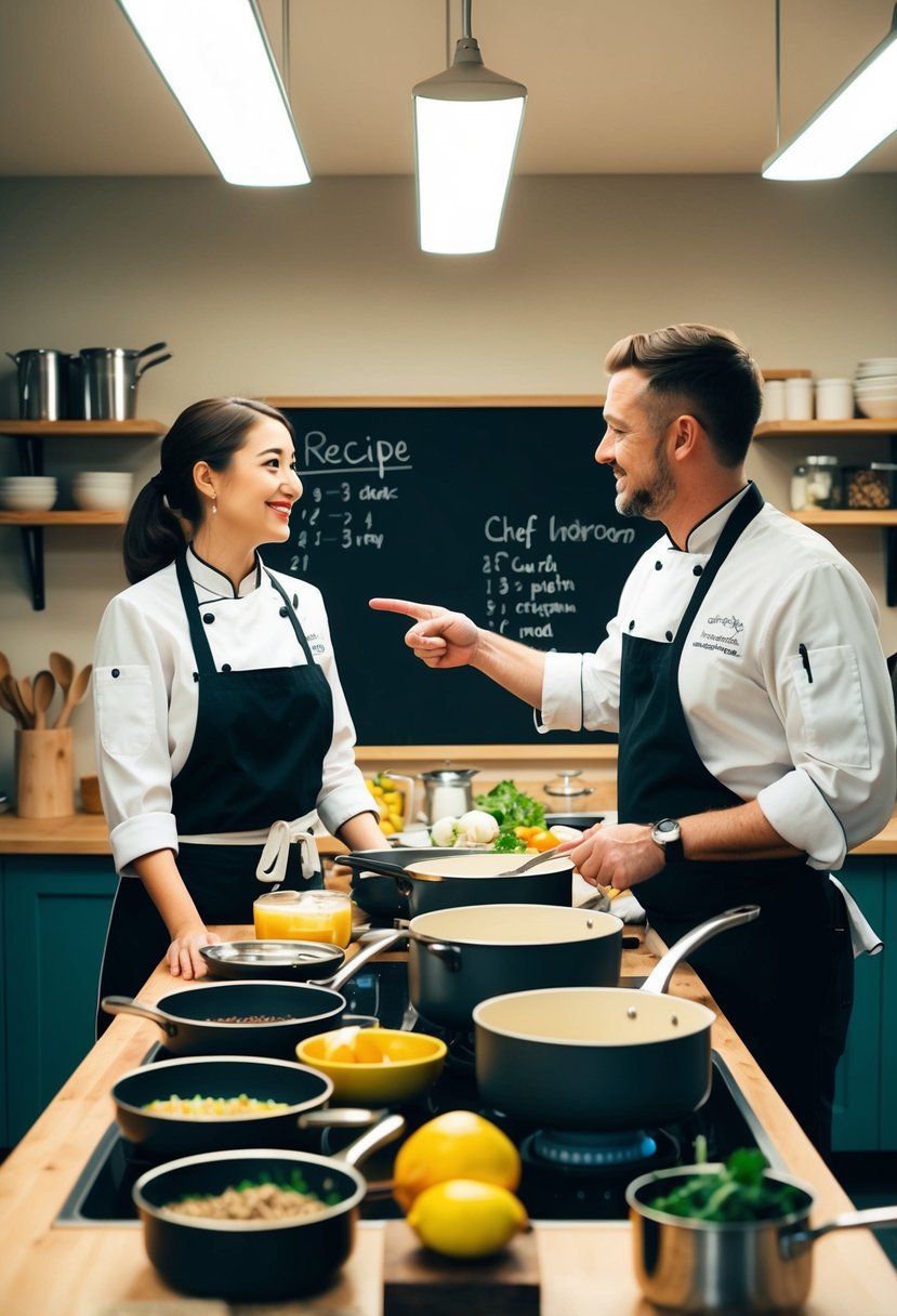 A couple stands side by side at a kitchen counter, surrounded by pots, pans, and ingredients. A chef instructor gestures towards a recipe on a chalkboard