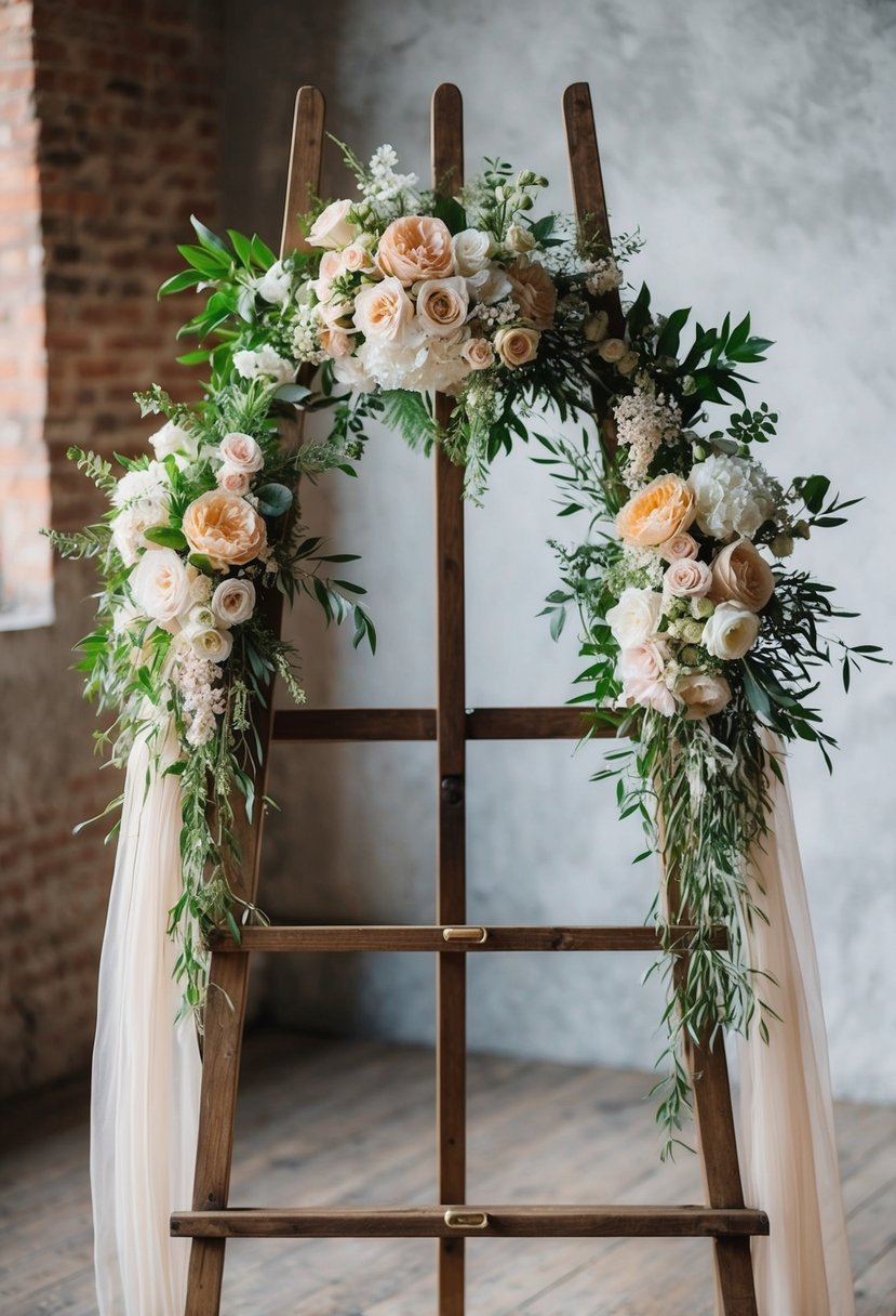 A vintage ladder easel adorned with floral arrangements and draped with delicate fabric, set against a rustic backdrop