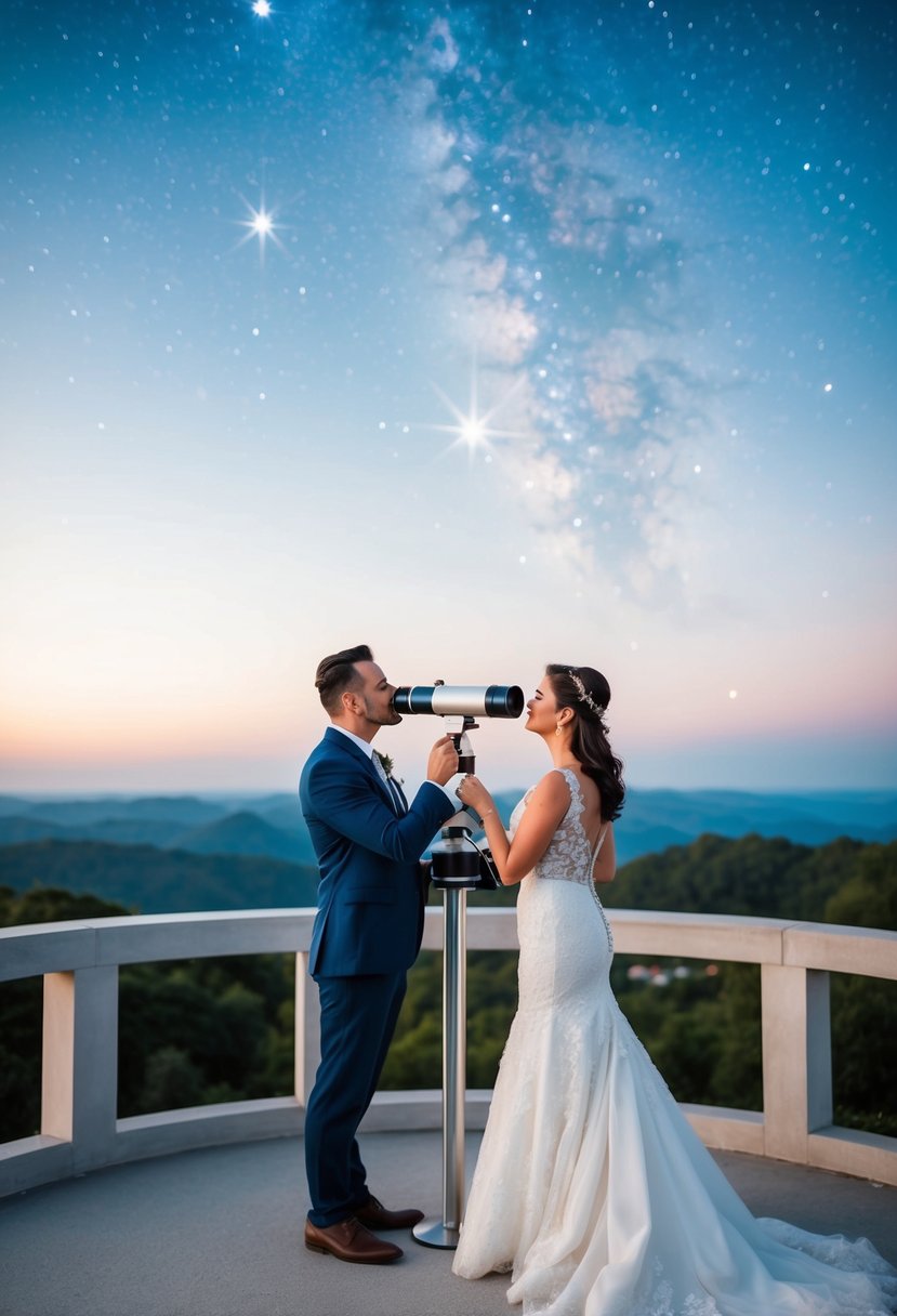 A couple gazes at the stars through a telescope at a scenic observatory on their 36th wedding anniversary