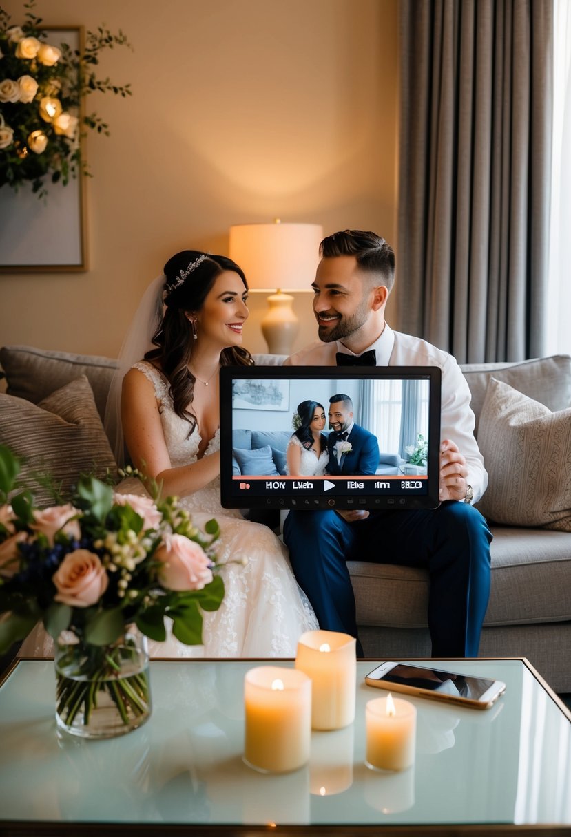 A couple watches their wedding video on a cozy couch with candles and a vase of flowers on the coffee table