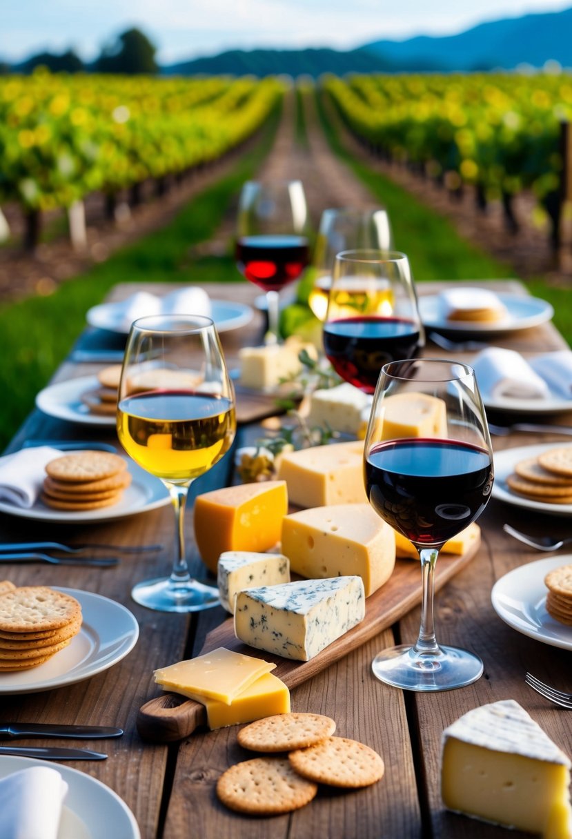 A rustic wooden table adorned with an array of artisanal cheeses, crackers, and glasses of red and white wine. A picturesque vineyard serves as the backdrop for the tasting experience