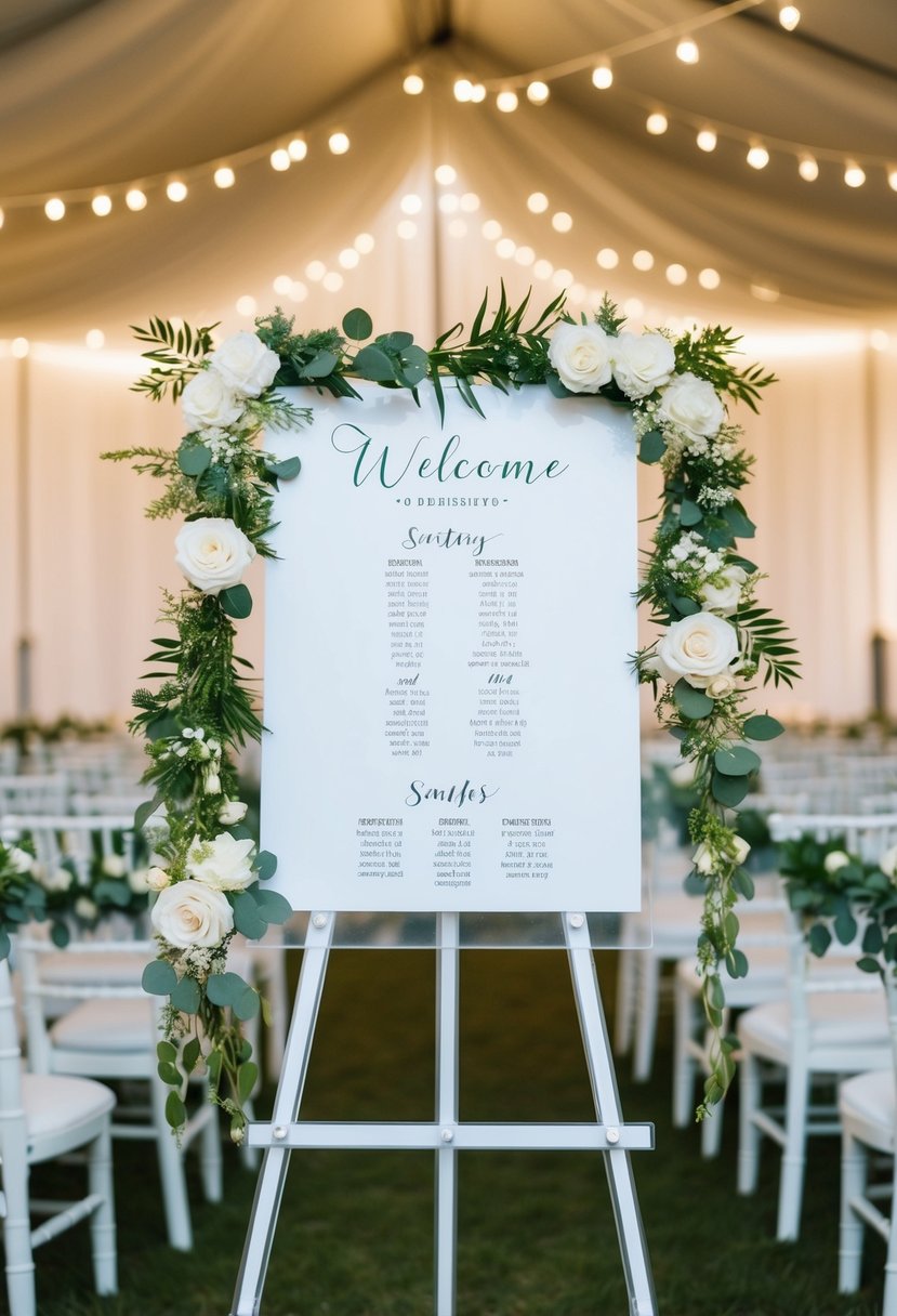 A customizable acrylic easel stands adorned with wedding decorations, ready to display a beautiful seating chart or welcome sign