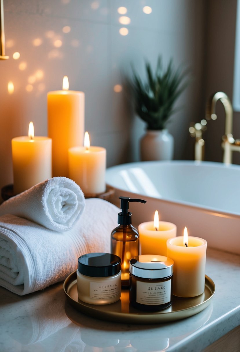 A cozy bathroom with lit candles, fluffy towels, a bathrobe, and a tray of luxurious skincare products