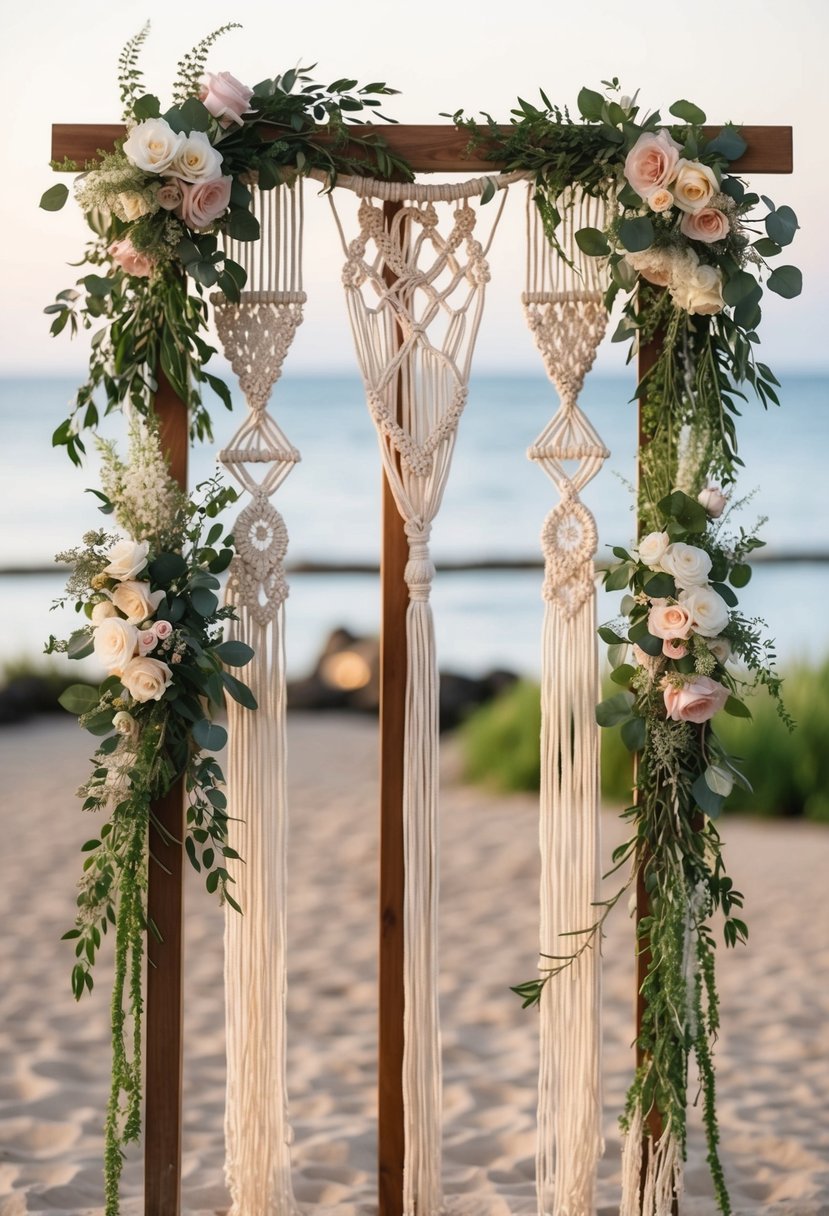 A bohemian macramé decor easel adorned with flowers and greenery for a wedding