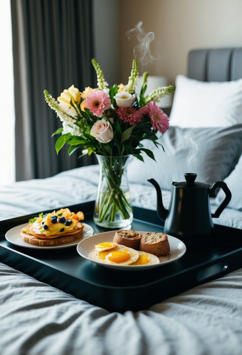 A tray with a vase of flowers, a steaming coffee pot, and a plate of breakfast foods on a bed with rumpled sheets