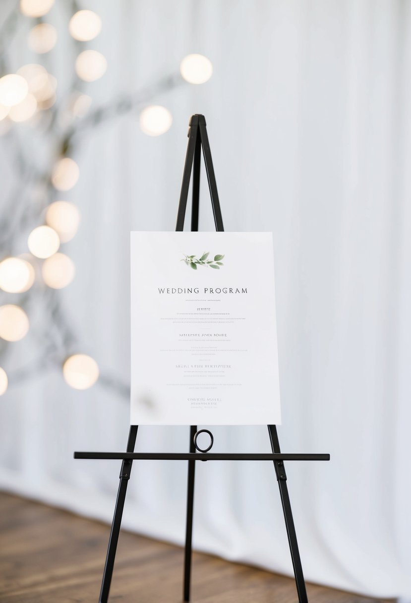 A sleek, metal easel holds a simple, modern wedding program against a clean, white backdrop