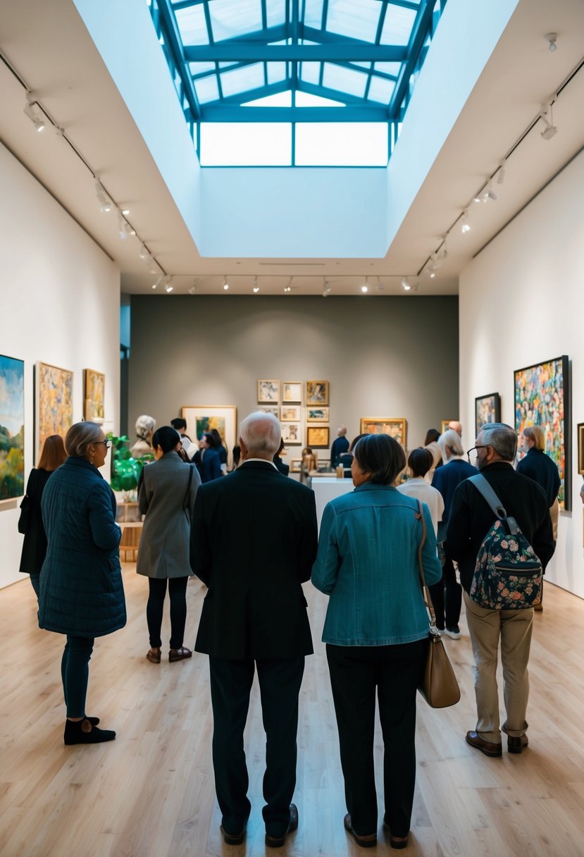 Visitors admire diverse artworks in a spacious gallery with high ceilings and natural light. Paintings, sculptures, and installations fill the space, creating a vibrant and inspiring atmosphere