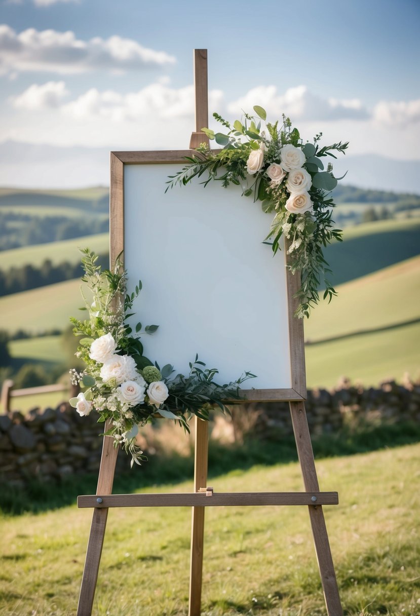 A rustic farmhouse-style easel adorned with floral arrangements and greenery, set against a backdrop of rolling hills and a serene countryside landscape