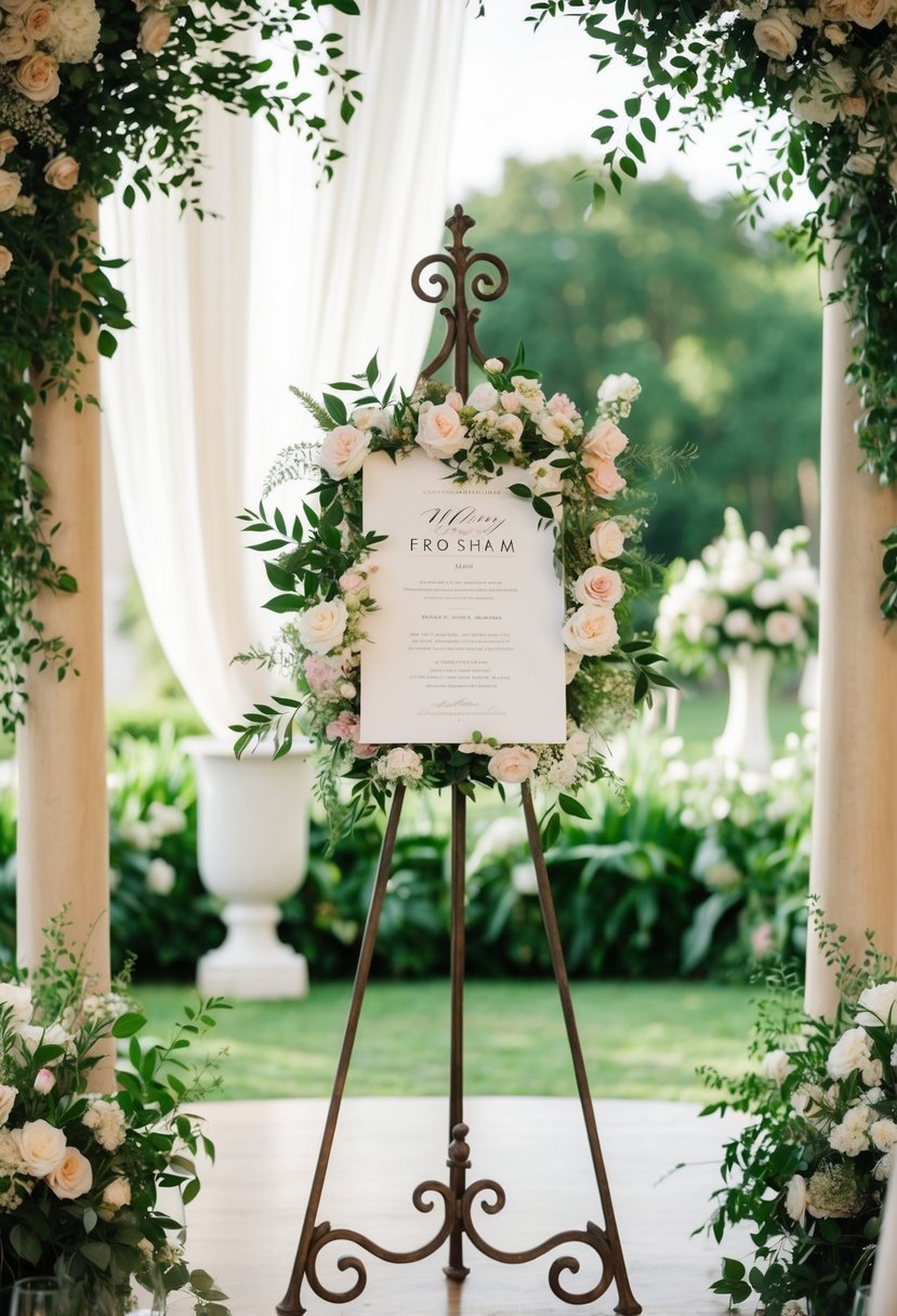 An ornate iron easel holds a floral-adorned wedding program, set against a backdrop of lush greenery and elegant decor