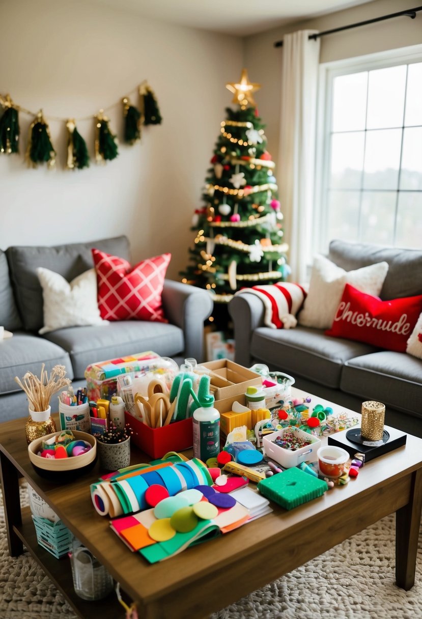 A cozy living room with a table filled with craft supplies, surrounded by homemade decorations and a celebratory atmosphere