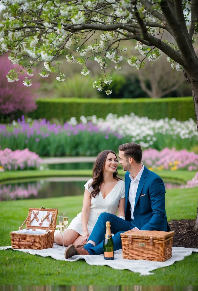 A couple sits under a tree in a garden, surrounded by blooming flowers and a serene pond. A picnic basket and champagne bottle are set on a blanket