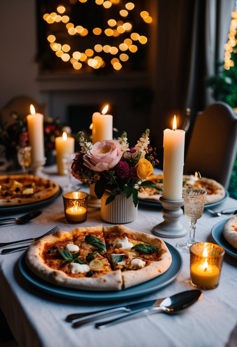 A cozy dining table set with candles, flowers, and a homemade pizza, surrounded by romantic ambiance for a 34th wedding anniversary celebration