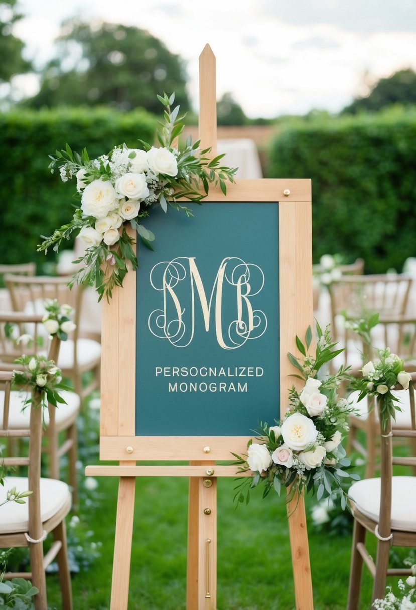 A wooden easel with a personalized monogram stands in a garden, adorned with flowers and greenery, ready for a wedding celebration