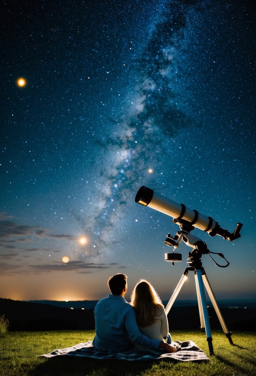 A couple sits on a blanket under the night sky, gazing up at the stars through a telescope at an observatory