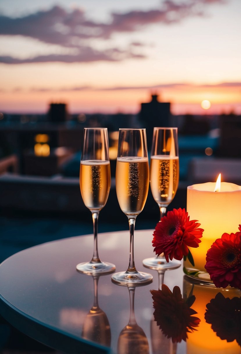 A candlelit table with champagne and flowers on a rooftop at sunset