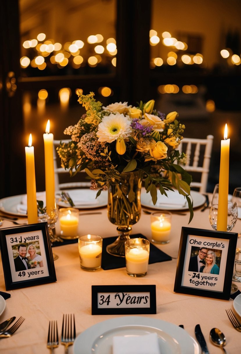 A table set with a candlelit dinner, surrounded by framed photos of the couple's 34 years together, and a vase of flowers as a centerpiece