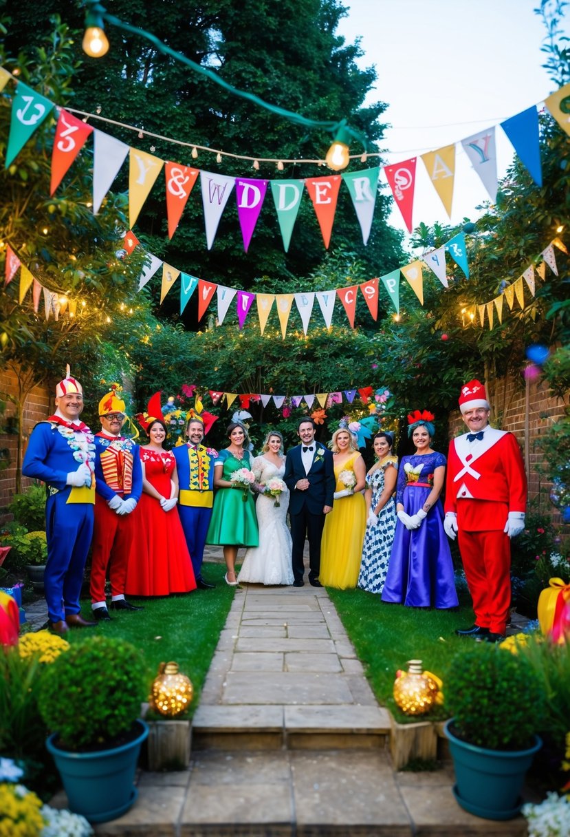 A festive garden adorned with colorful banners, twinkling lights, and a variety of themed costumes for a 39th wedding anniversary celebration