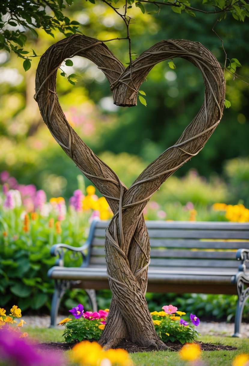 A heart-shaped tree with intertwined branches, surrounded by colorful flowers and a bench underneath, in a peaceful garden setting