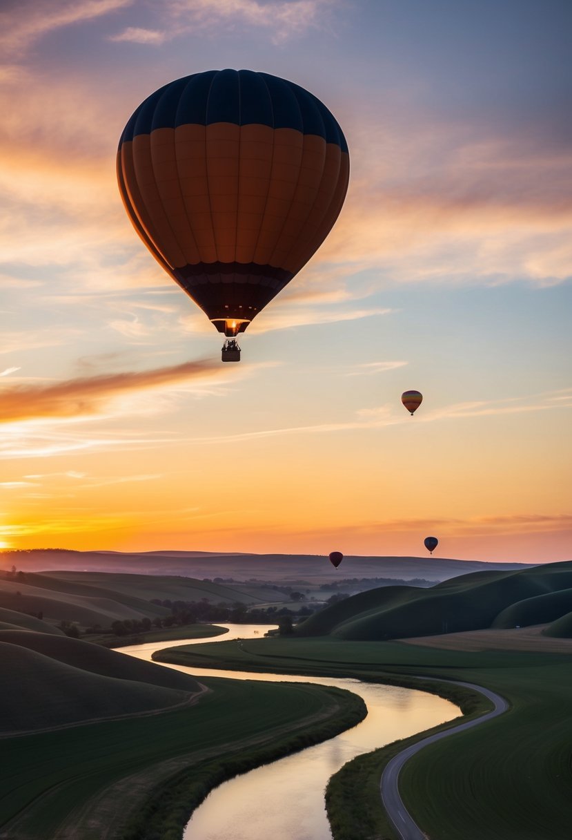 A hot air balloon floats above a serene landscape at sunset, with rolling hills, a winding river, and a colorful sky